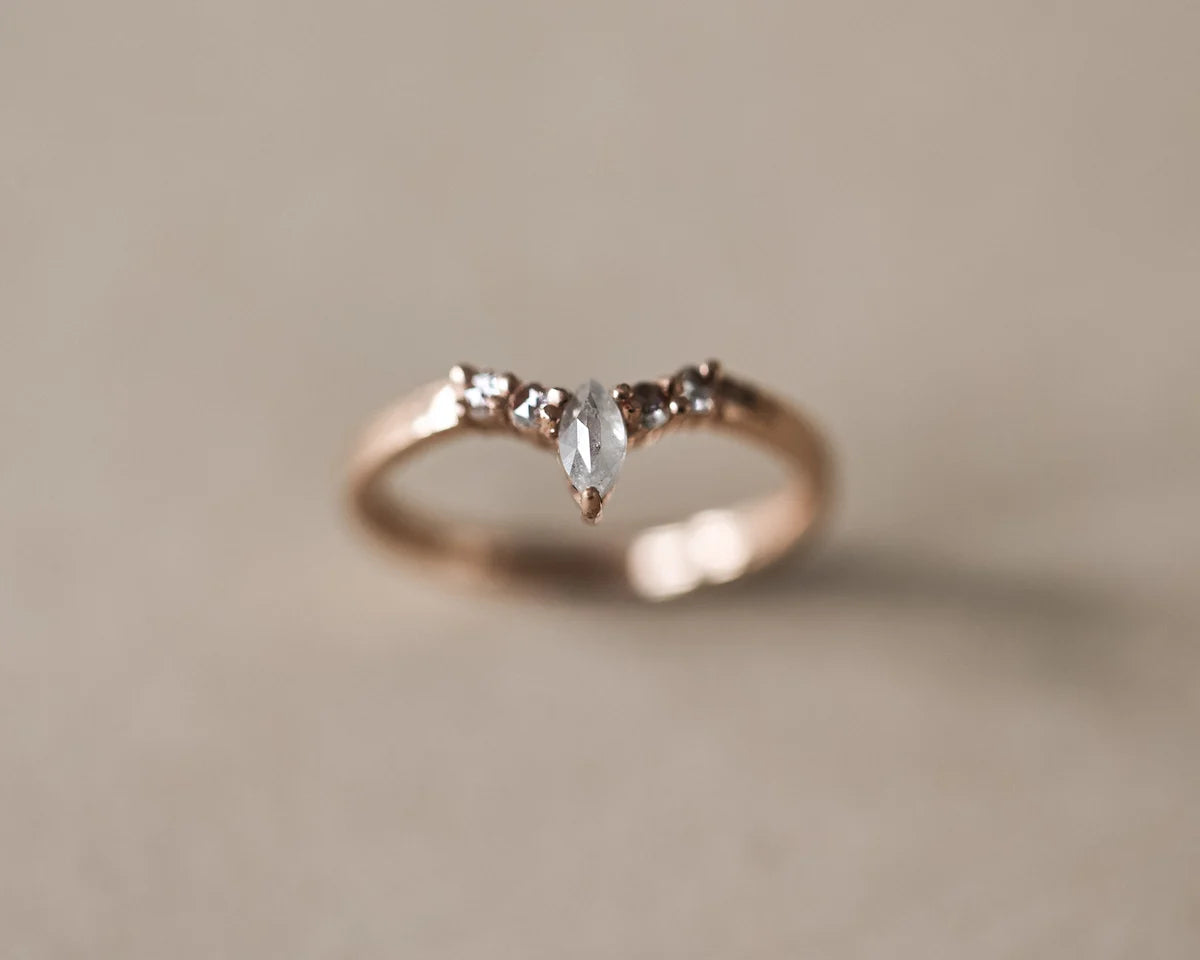  One-of-a-kind milky grey marquise diamond wishbone ring in 18ct rose gold