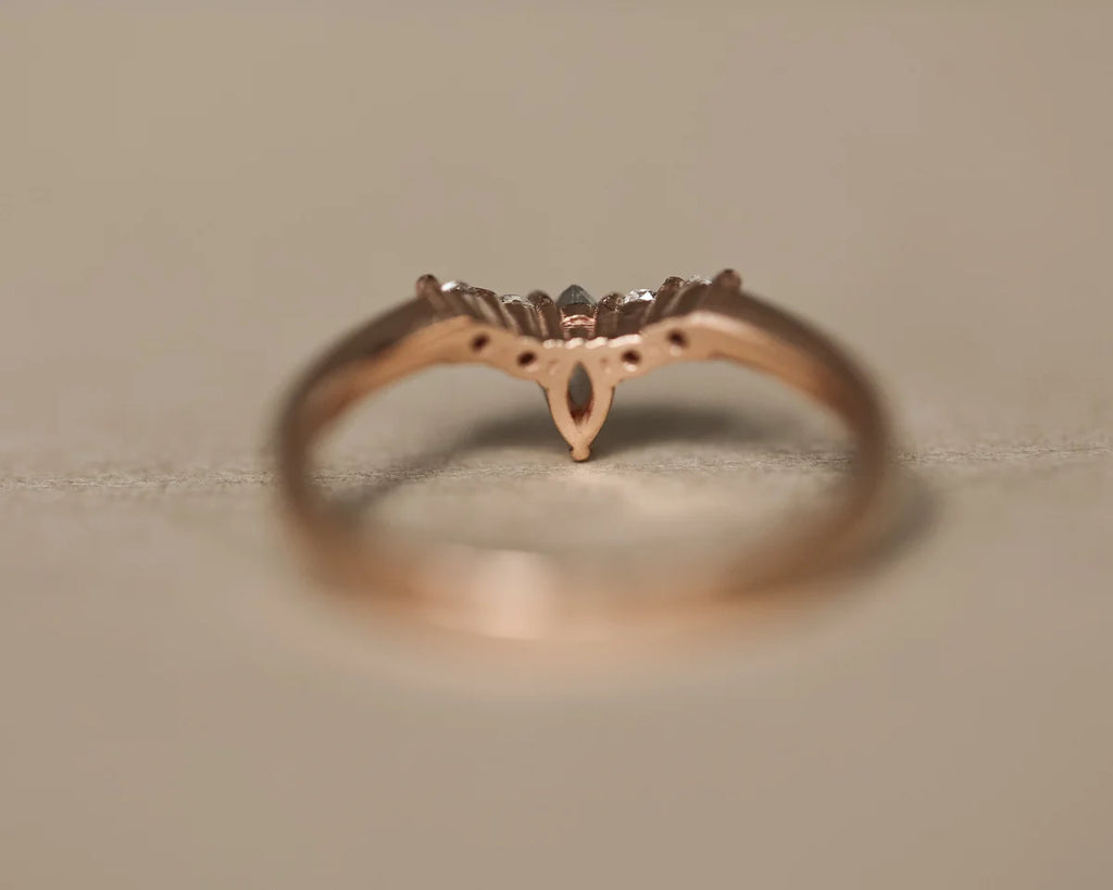 Back view of 18ct rose gold wishbone ring with V-shaped setting