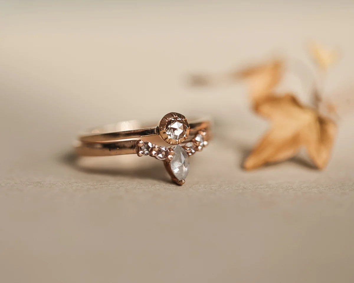 Rose gold marquise diamond wishbone ring with autumn botanical styling