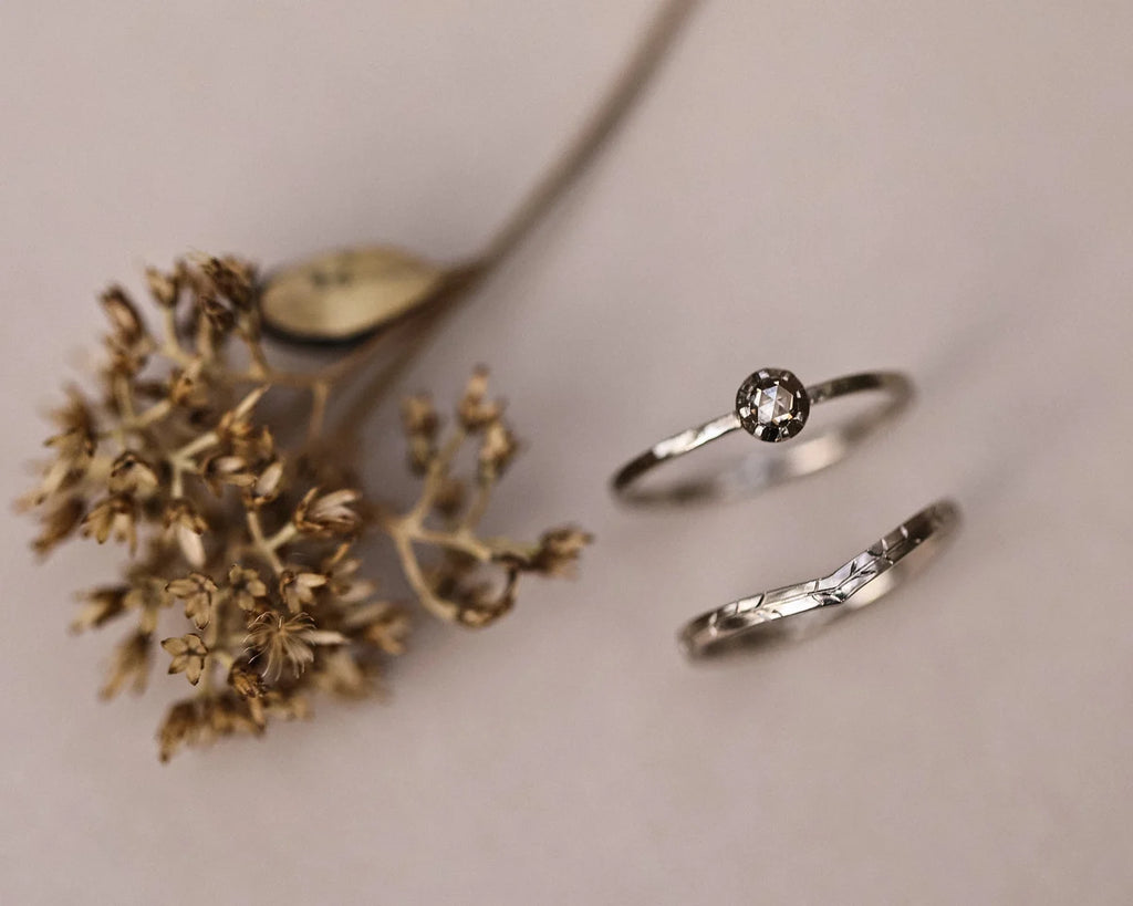 18ct white gold willow leaf wishbone ring styled with diamond ring