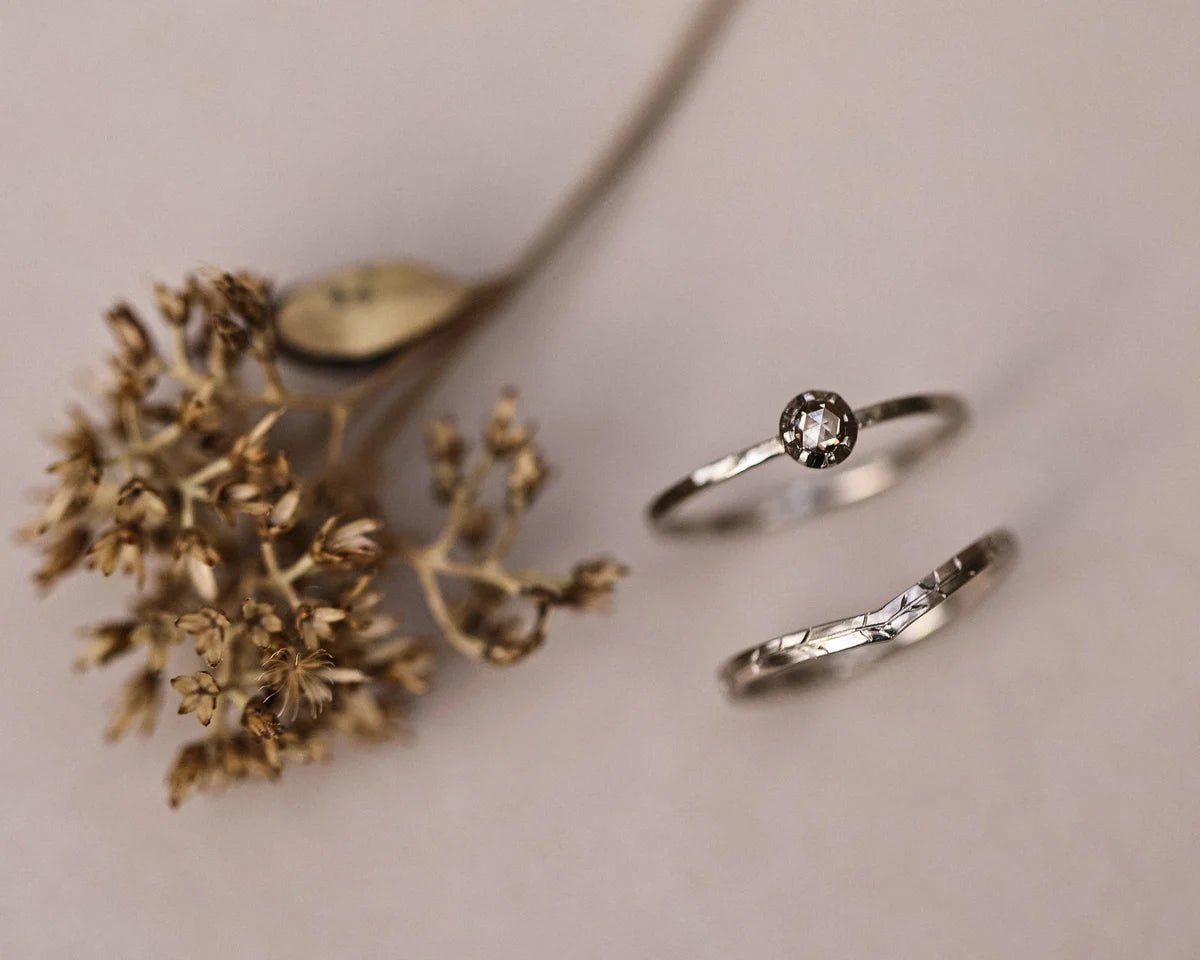 18ct white gold willow leaf wishbone ring styled with diamond ring