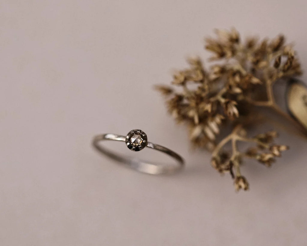 18ct white gold ring with champagne rose-cut diamond and botanical styling
