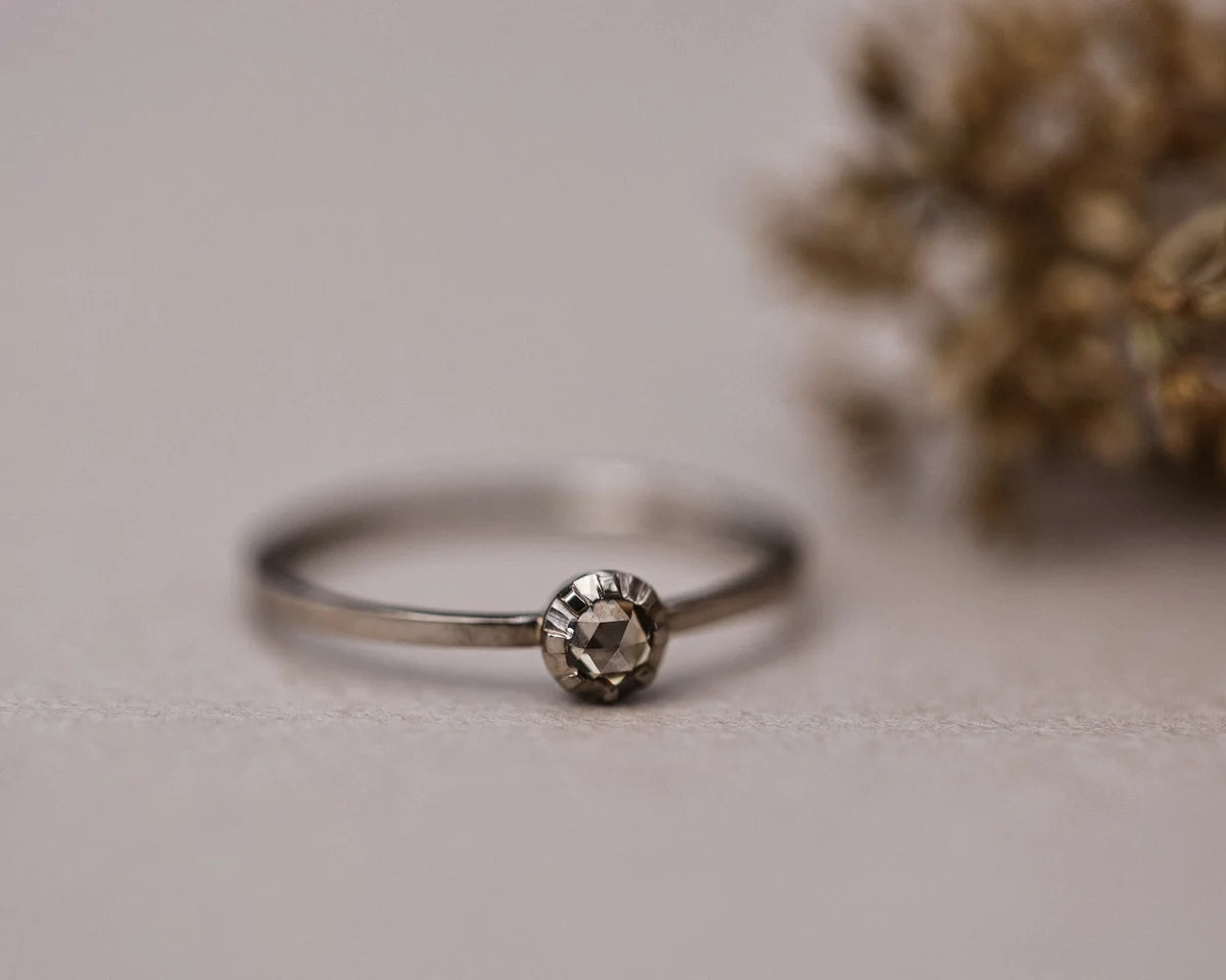 Front view of champagne rose-cut diamond ring with plain white gold band