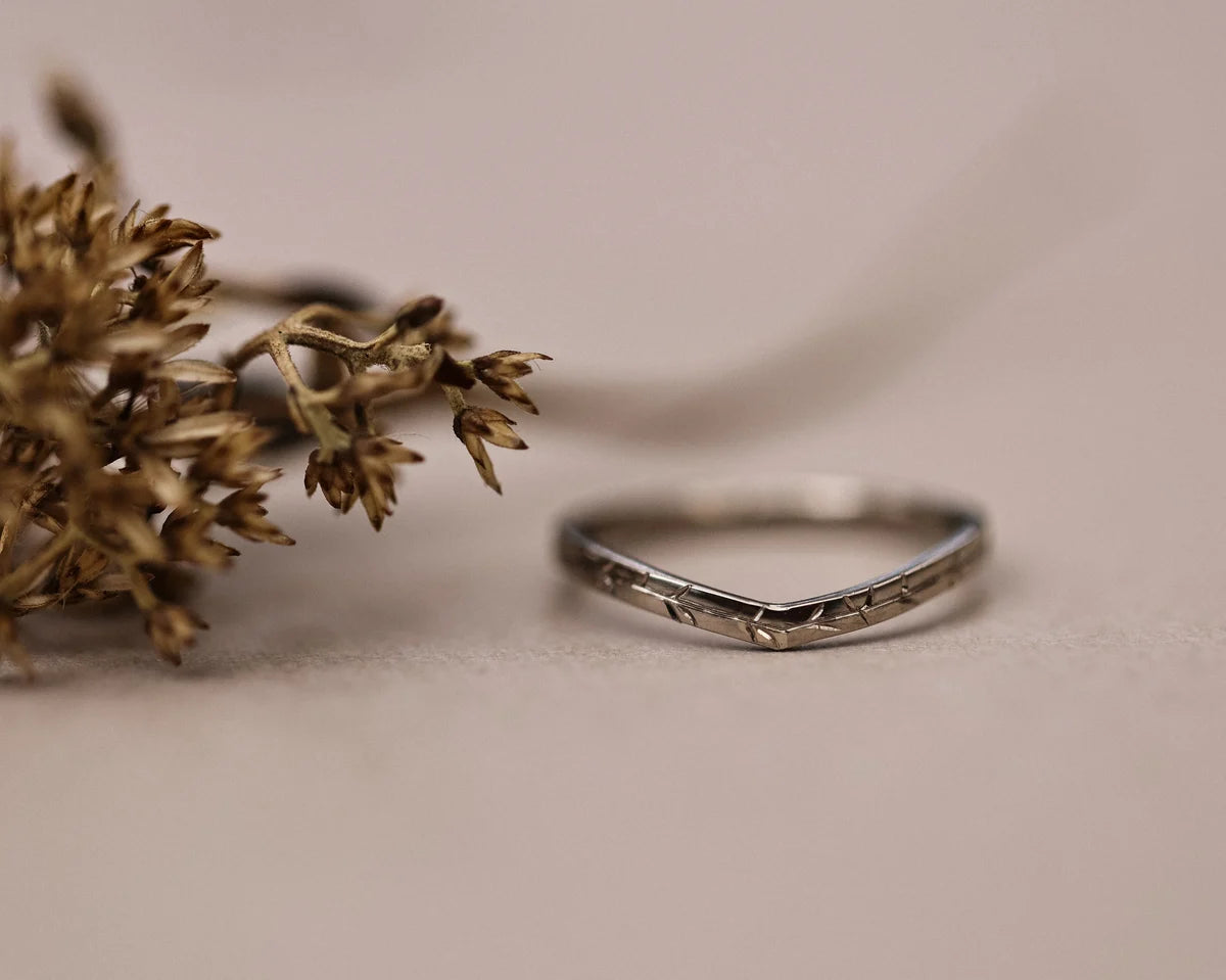 1. 5mm willow leaf engraved wishbone ring in 18ct white gold