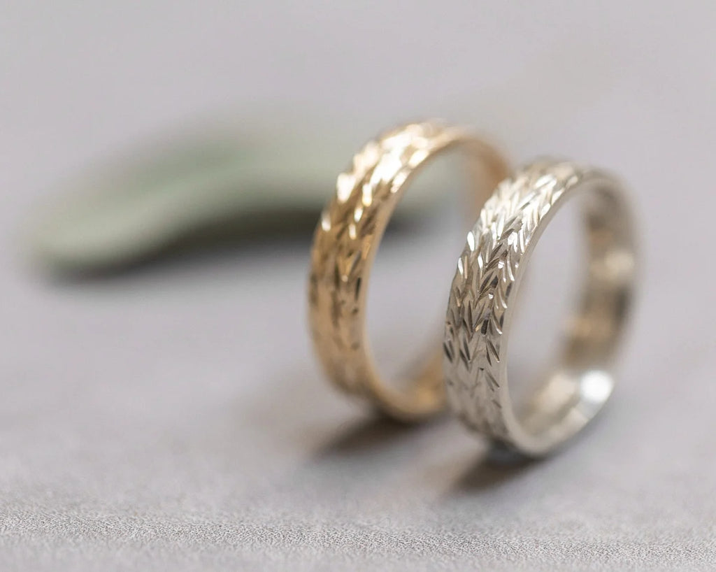 herringbone engraved wedding ring 9ct gold 5mm flat court handmade London