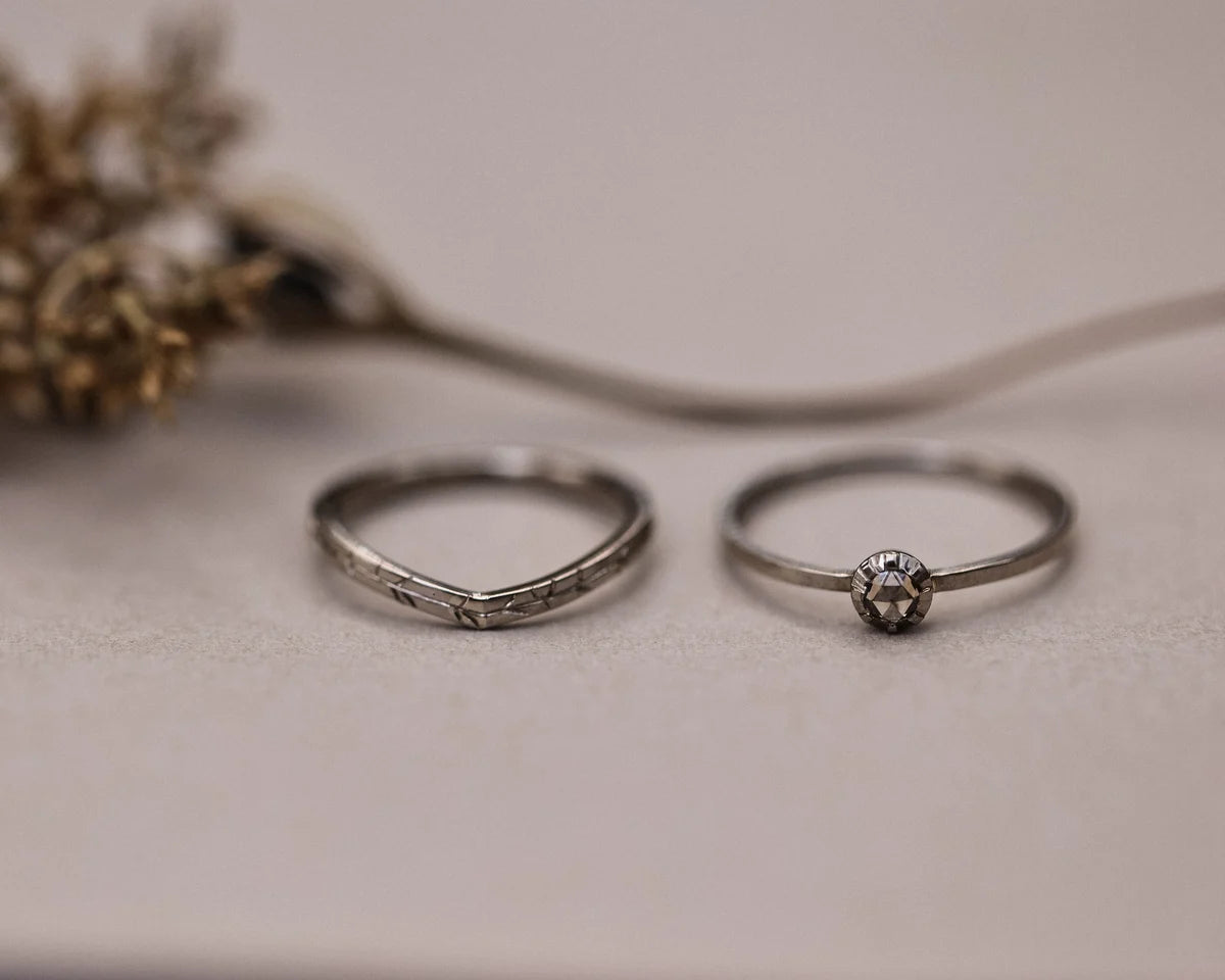 18ct white gold champagne diamond ring shown beside matching wedding band