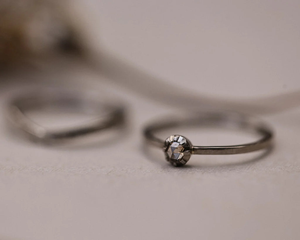 18ct white gold champagne diamond ring shown beside matching wedding band
