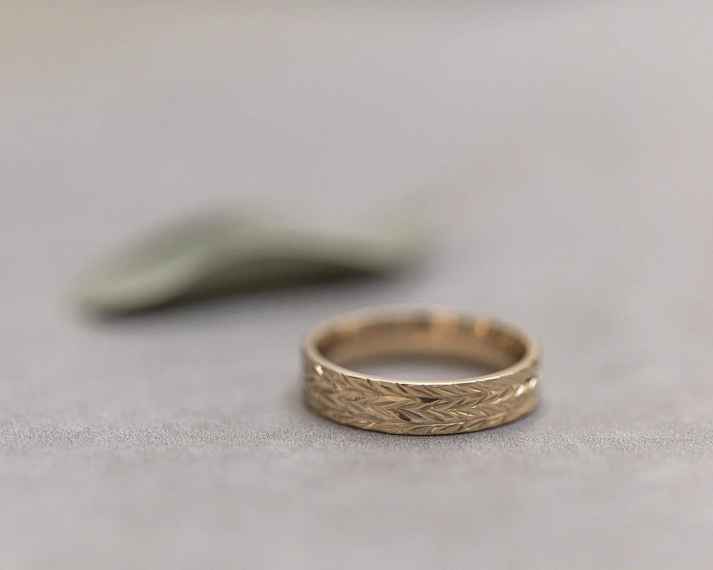 herringbone engraving detail gold wedding ring 5mm band