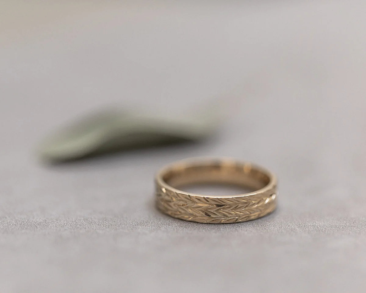 herringbone engraving detail gold wedding ring 5mm band
