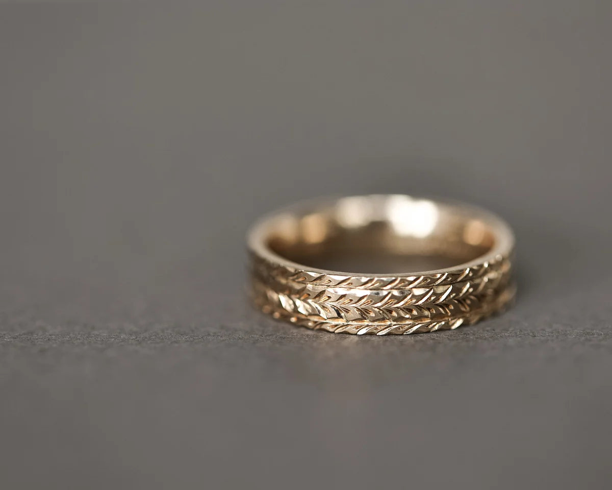 herringbone engraving detail gold wedding ring 5mm band