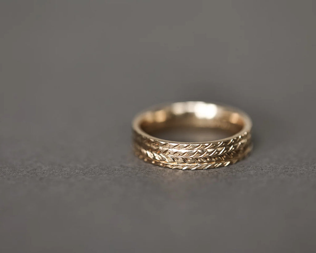 herringbone engraving detail gold wedding ring 5mm band