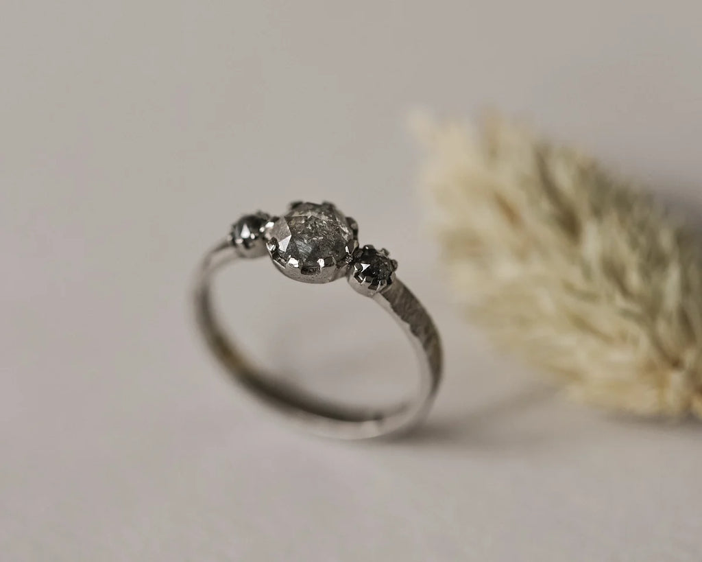 One-of-a-kind pale grey diamond trilogy ring in platinum