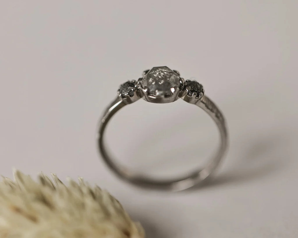 Close-up of pale grey rose-cut diamond and medium grey side diamonds