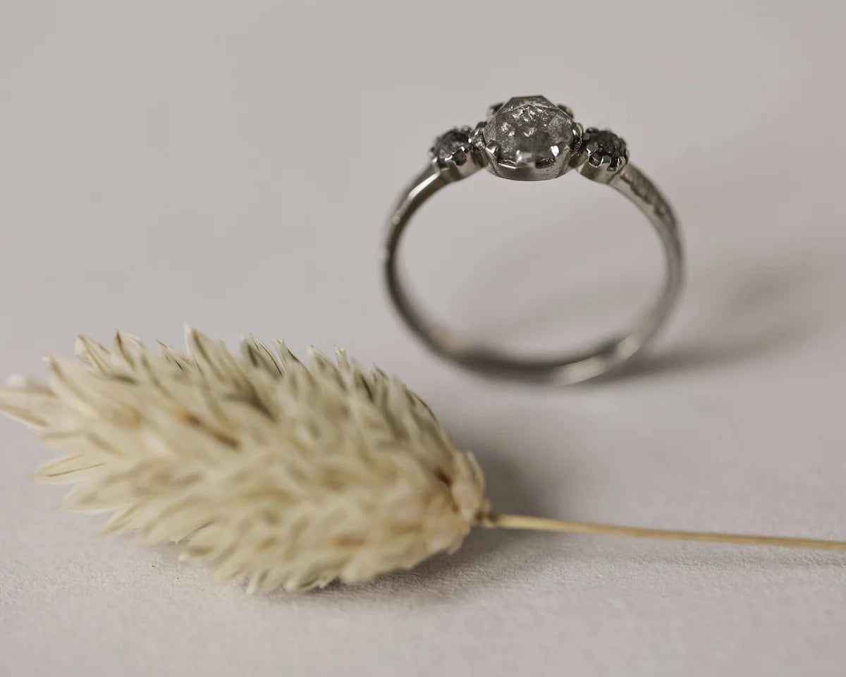 Detailed view of rose-cut salt and pepper diamonds on platinum trilogy ring