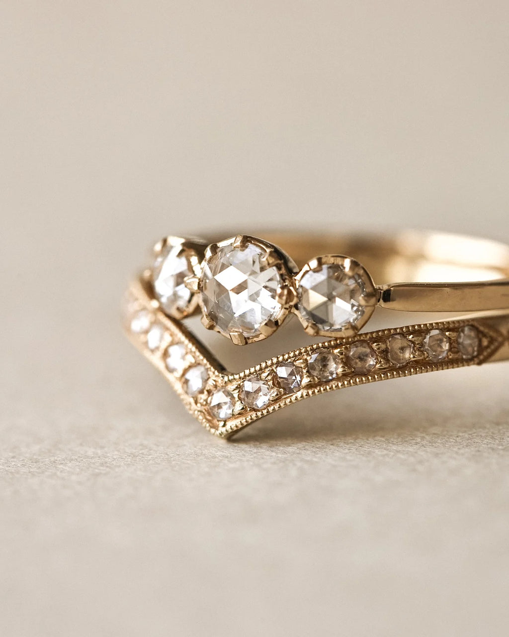 Rose-Cut Diamond Wishbone Ring with Leaf Detail in 18ct Yellow Gold (2mm)