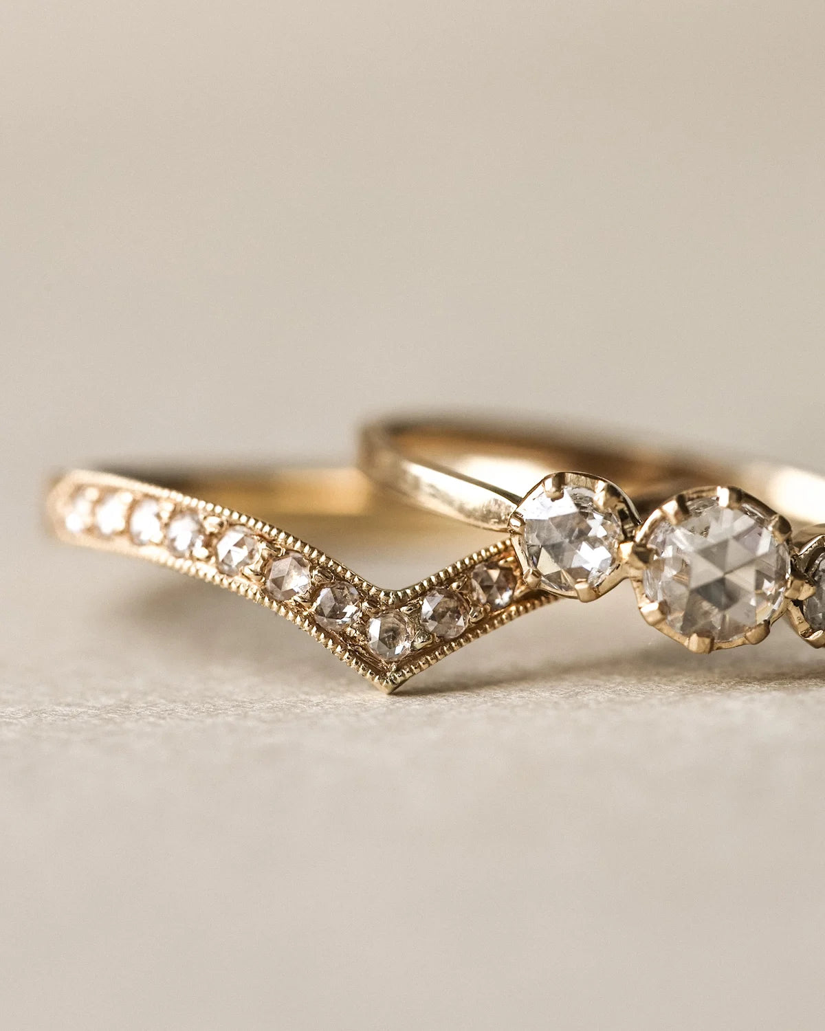 rose cut diamonds millgrain setting detail wishbone ring gold