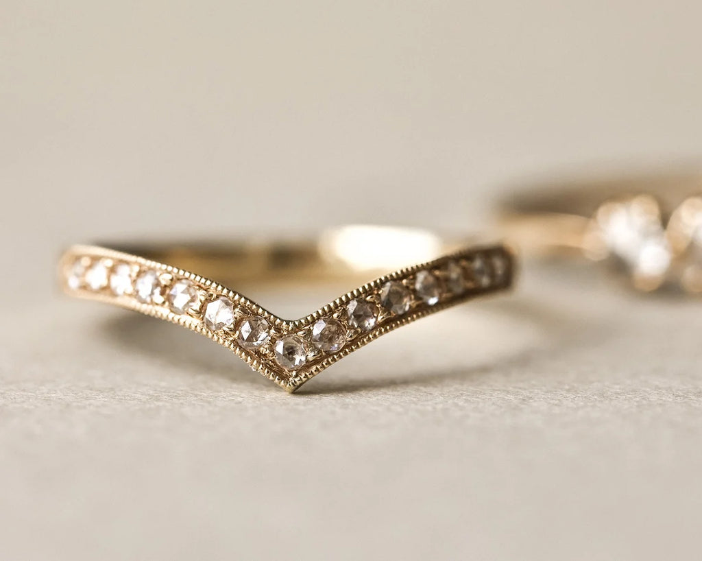rose cut diamonds millgrain setting detail wishbone ring gold