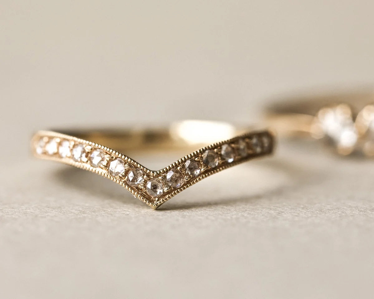 rose cut diamonds millgrain setting detail wishbone ring gold