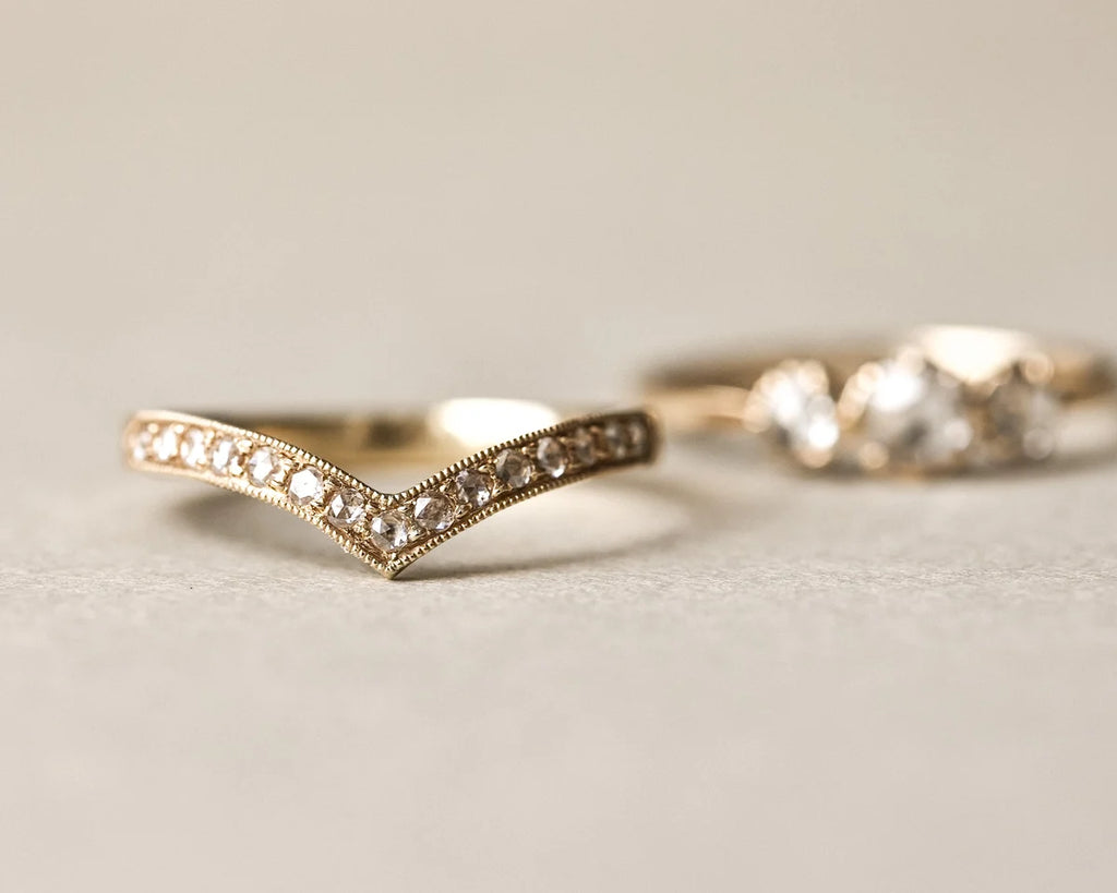 Rose-Cut Diamond Wishbone Ring with Leaf Detail in 18ct Yellow Gold (2mm)