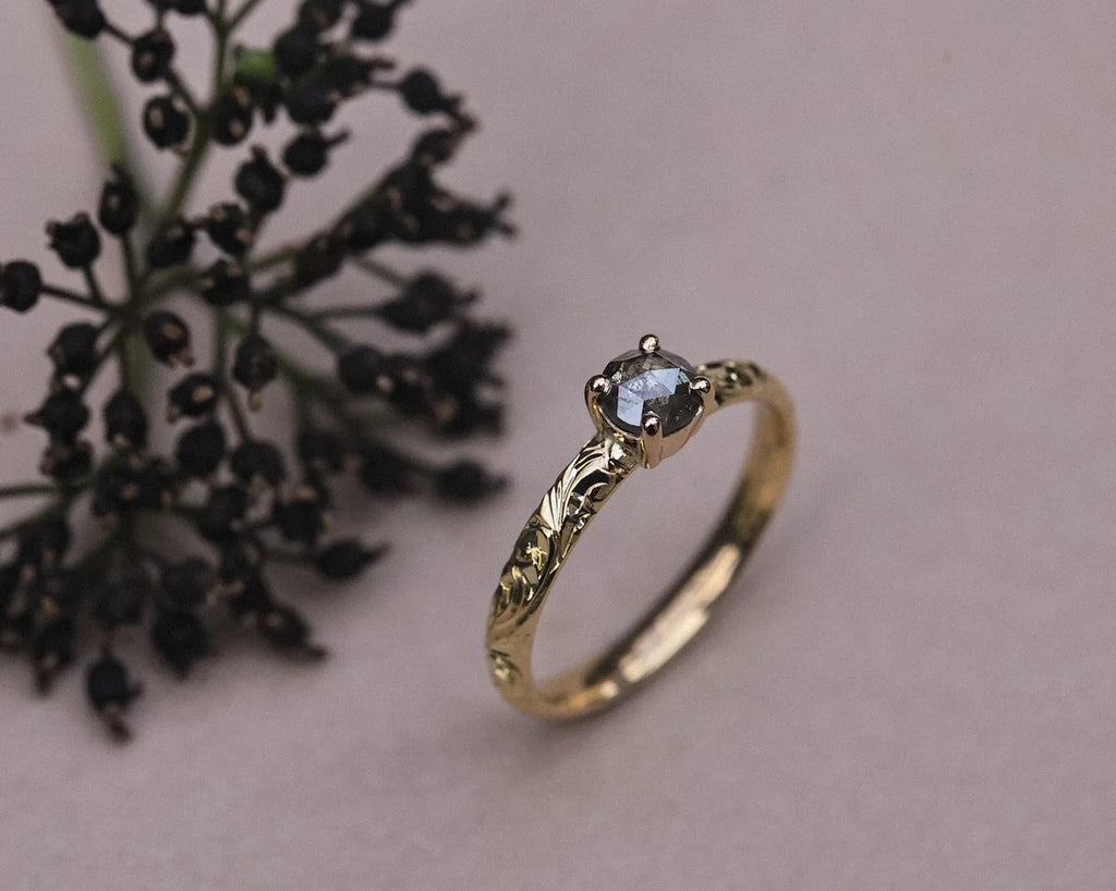 Handmade dark grey diamond ring with floral engraved band
