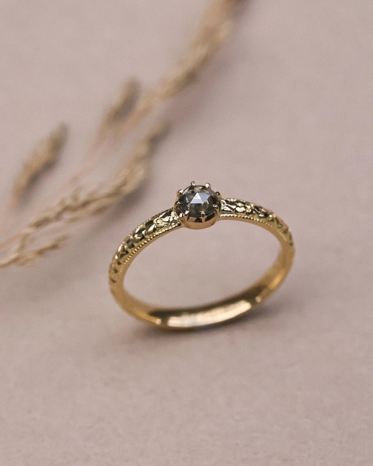 8ct yellow gold orange blossom ring with natural grey rose-cut diamond