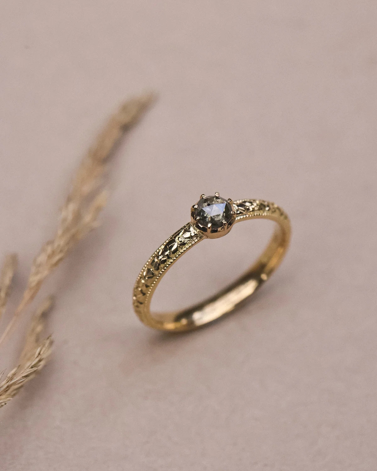 Handmade orange blossom engraved ring in 18ct yellow gold