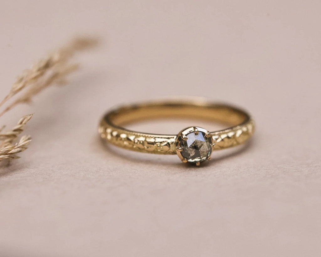 Front view of one-of-a-kind grey rose-cut diamond ring
