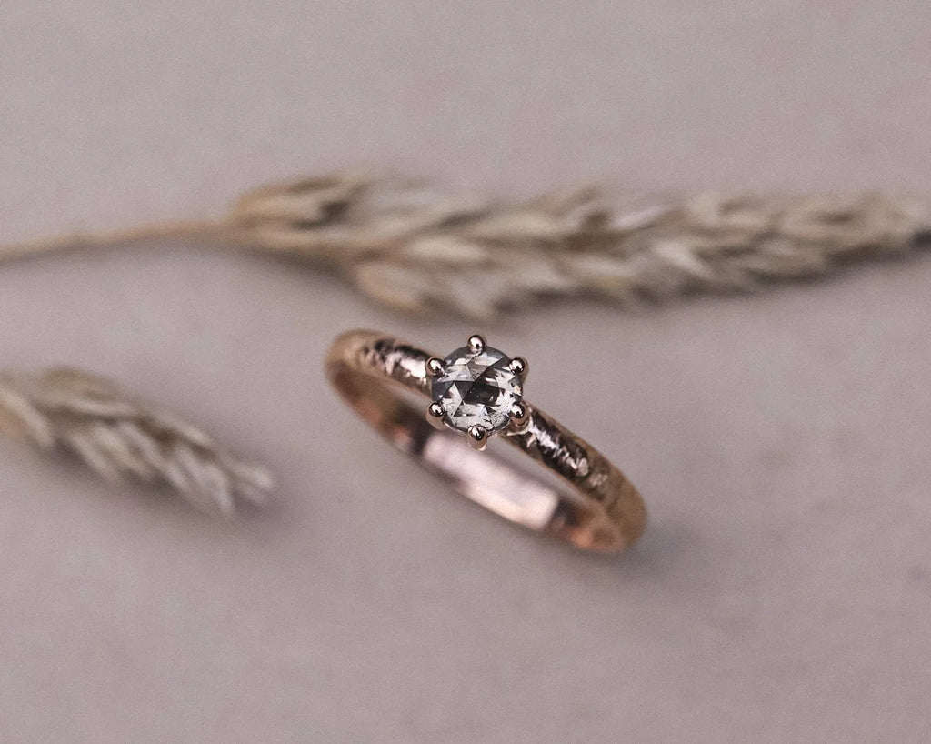 Grey rose-cut diamond ring with hand finished horn texture band