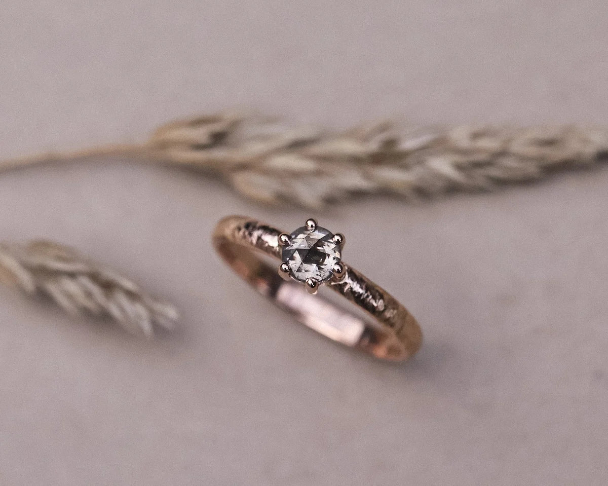 Grey rose-cut diamond ring with hand finished horn texture band