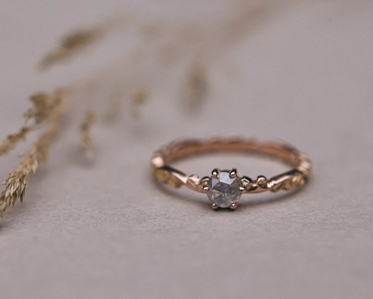 One-of-a-kind pale grey rose-cut diamond floral carved ring in 18ct rose gold