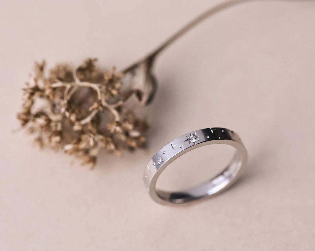 Minimal platinum star eternity ring with dried botanical detail