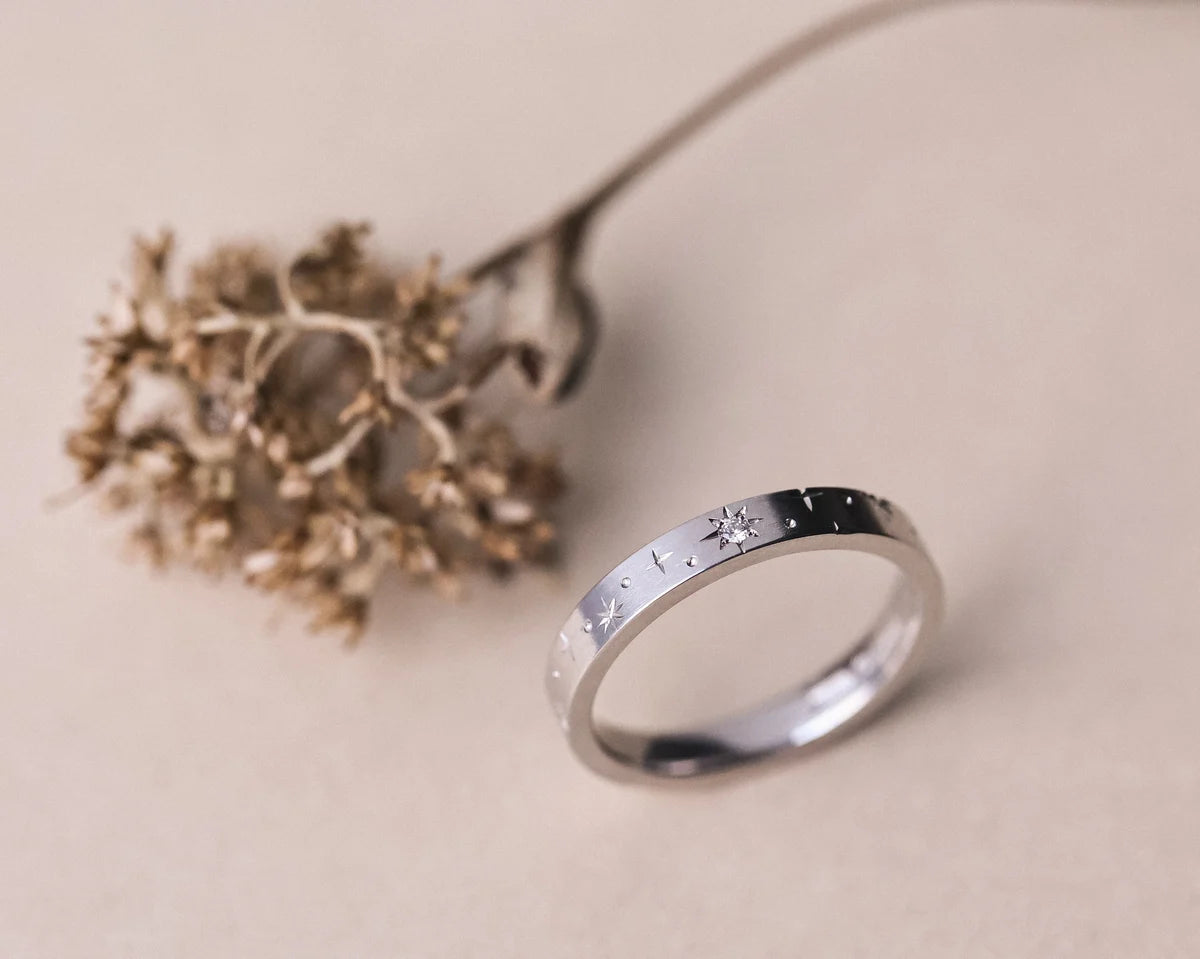 Minimal platinum star eternity ring with dried botanical detail