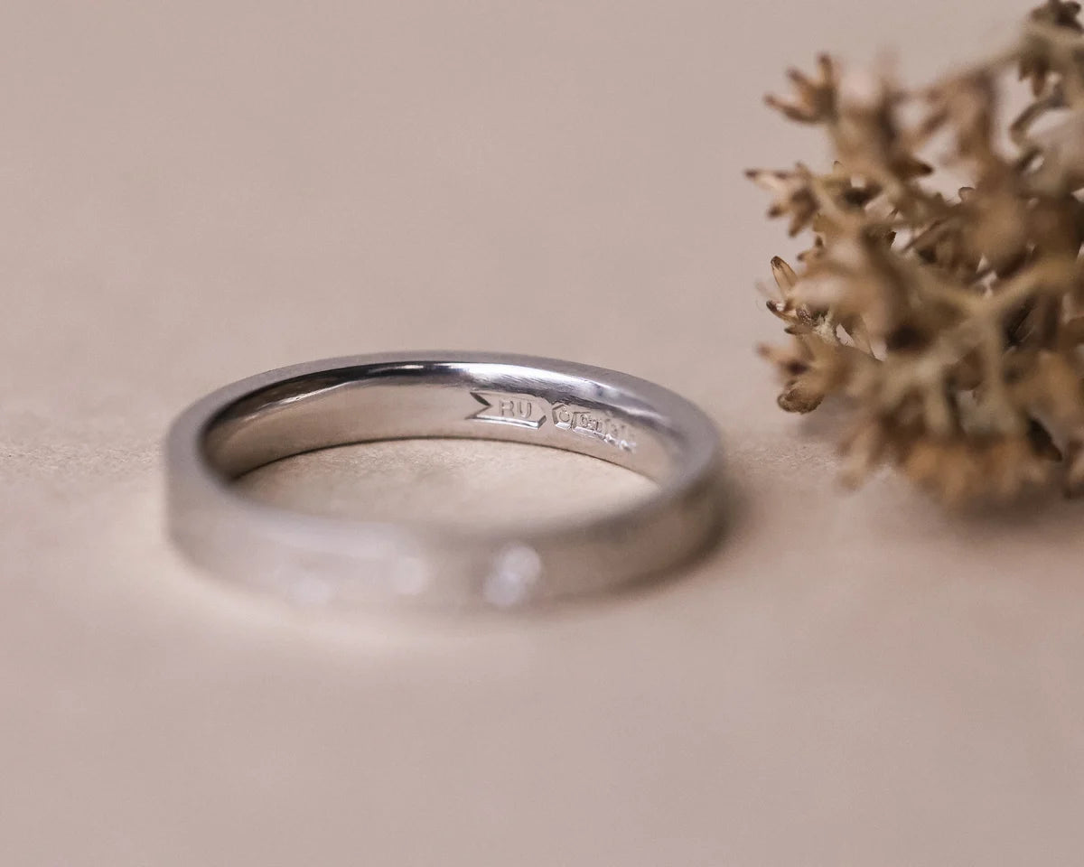 Back view of platinum flat court eternity ring with smooth int