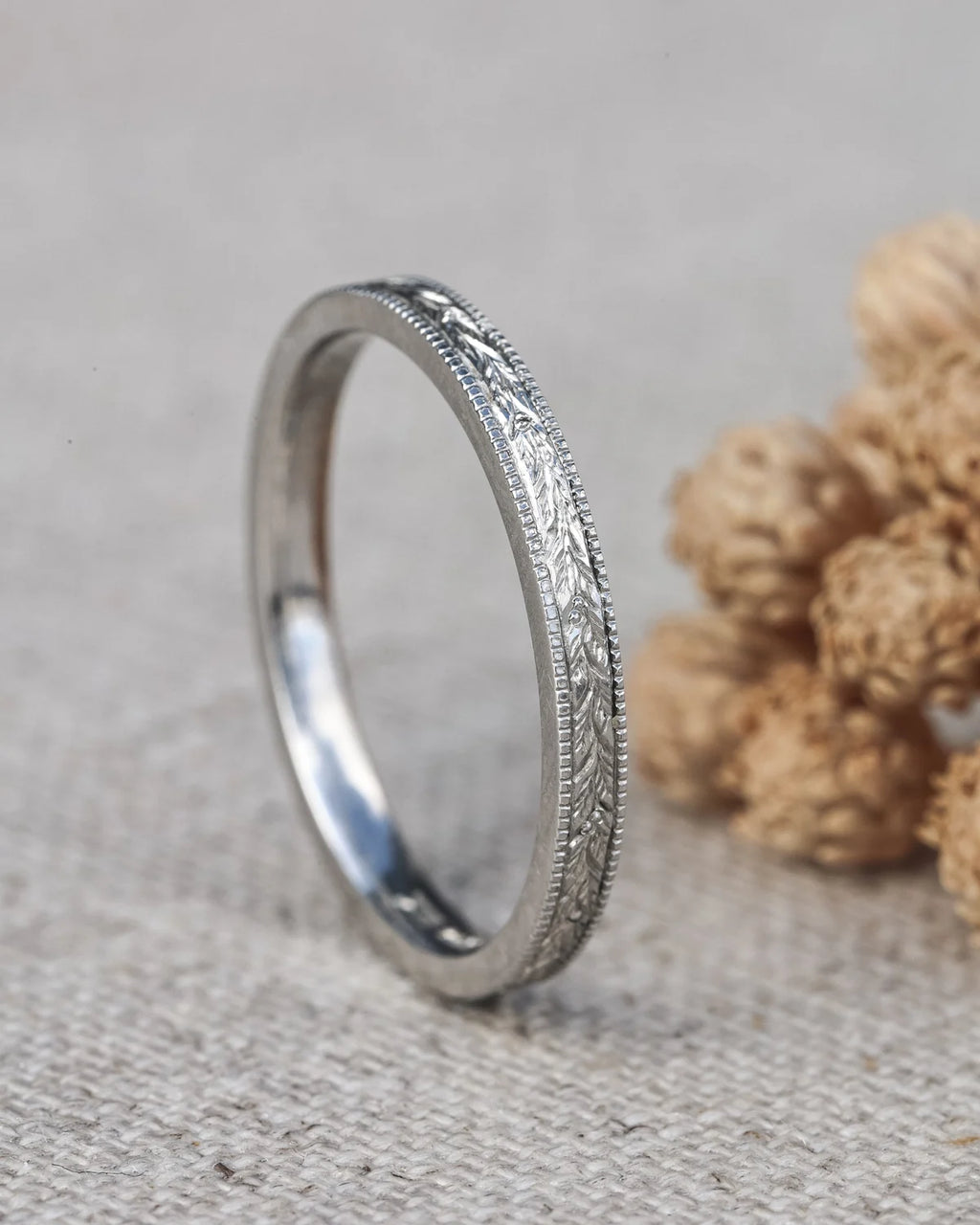 fine platinum ring engraved leaf everyday jewellery