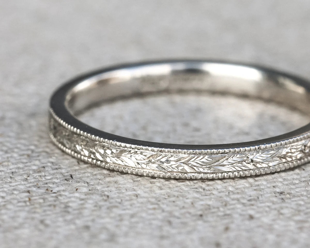 engraved laurel motif detail slim platinum ring
