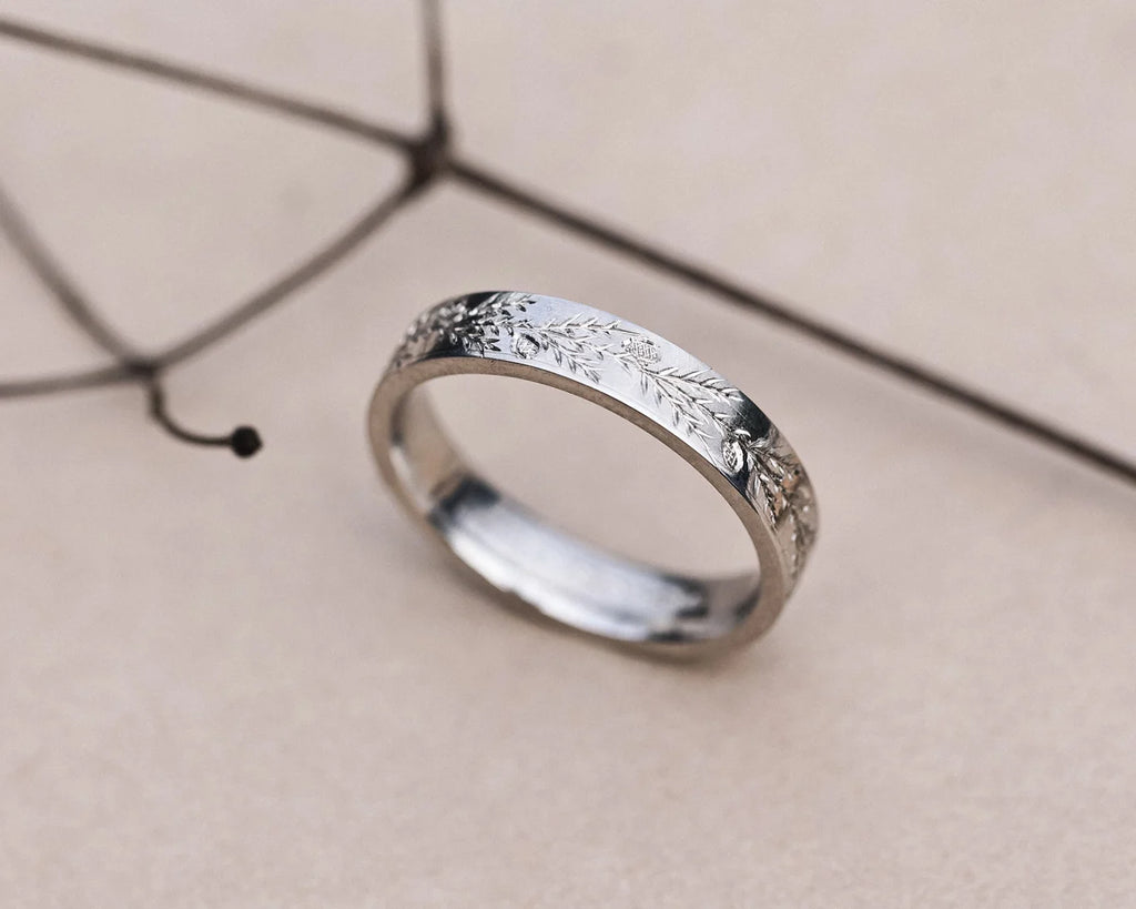 4mm fir engraved flat court wedding ring in platinum