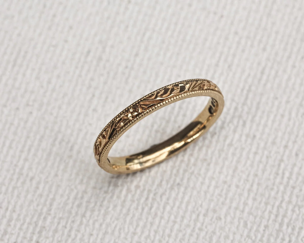 18ct yellow gold ring floral engraving milled edge delicate band