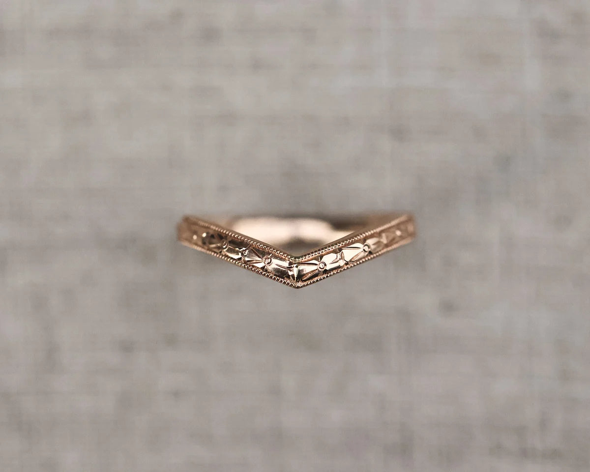 orange blossom engraved wishbone wedding ring 18ct rose gold 2.5mm milled edge