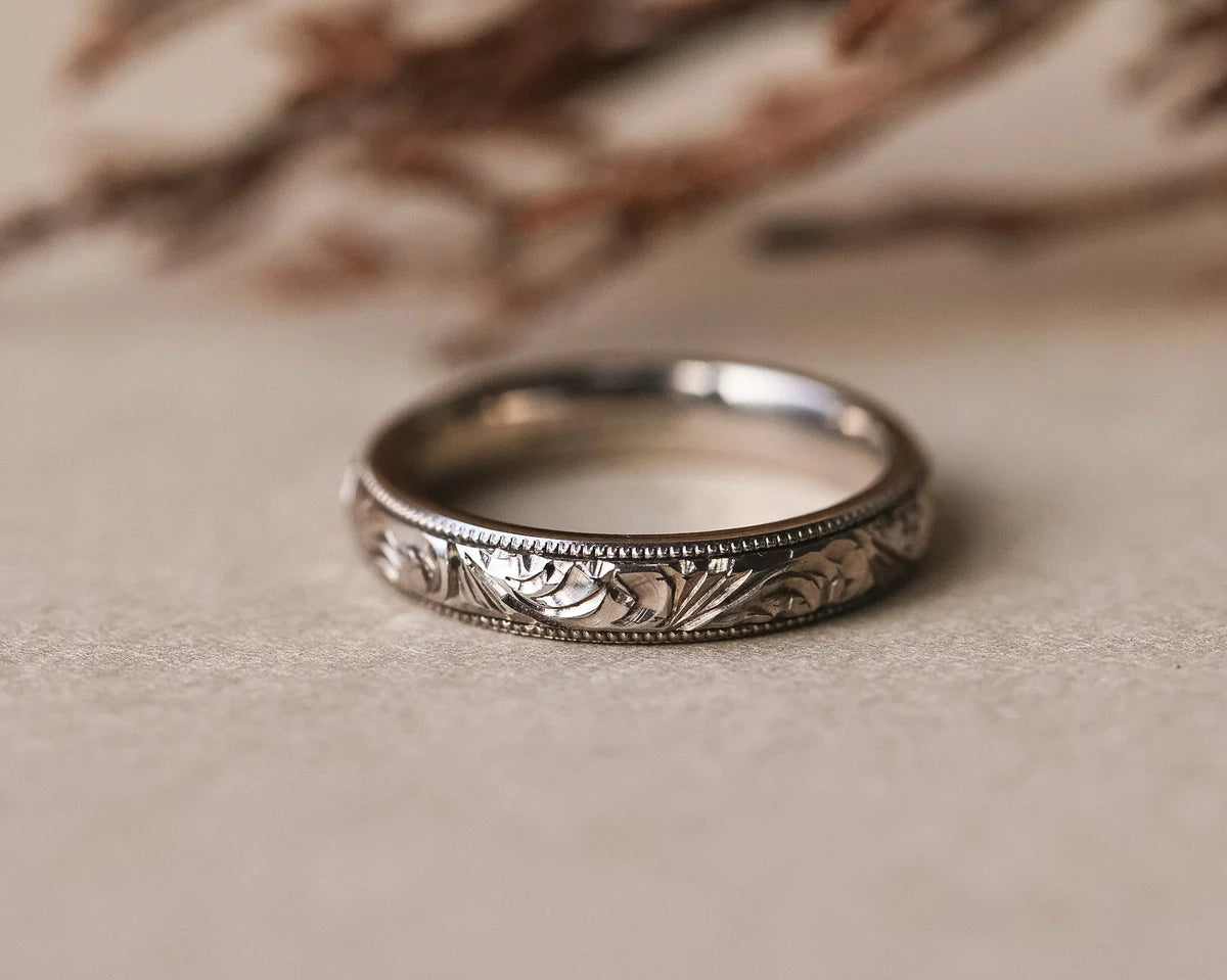 4mm floral and milled edge wedding ring in 18ct white gold