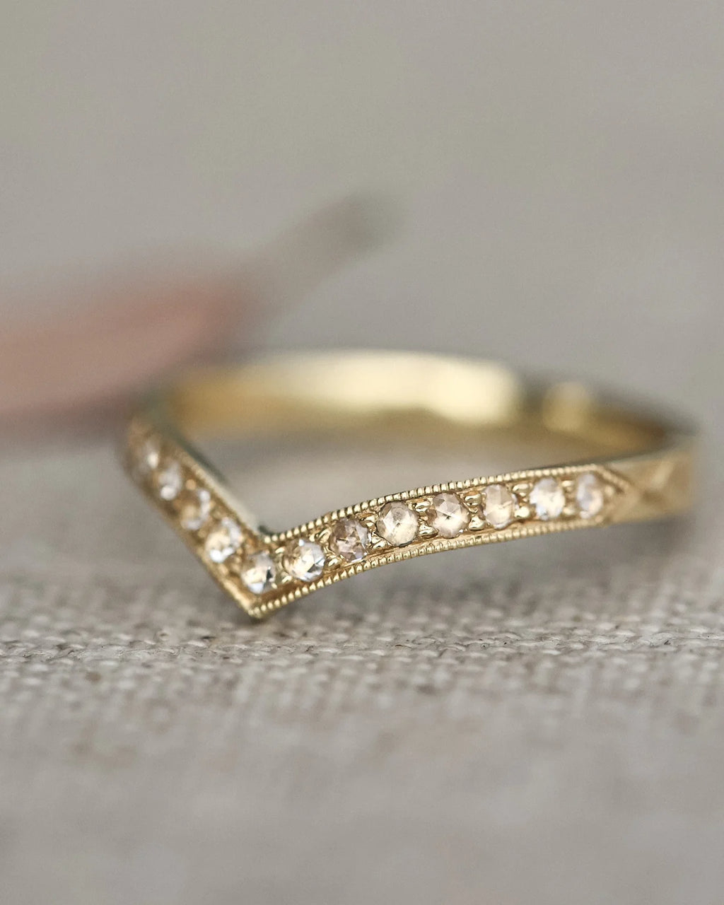 Rose-Cut Diamond Wishbone Ring with Leaf Detail in 18ct Yellow Gold (2mm)