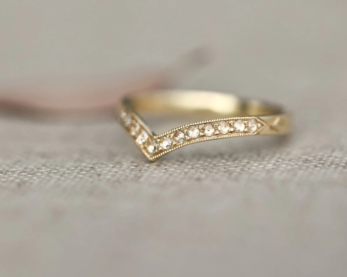 rose cut diamonds millgrain setting detail wishbone ring gold