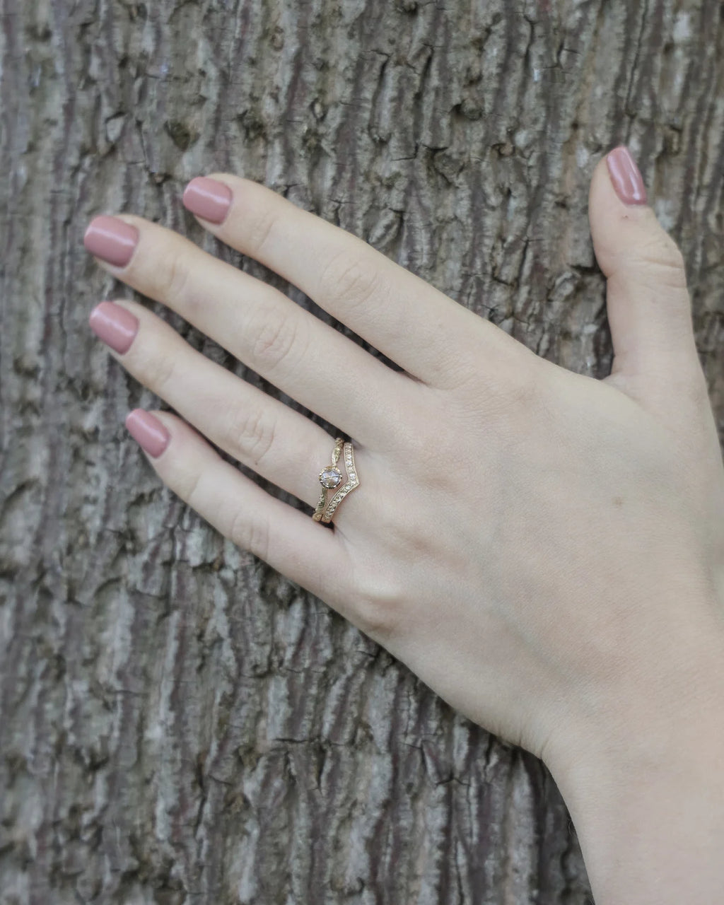 Rose-Cut Diamond Wishbone Ring with Leaf Detail in 18ct Yellow Gold (2mm)