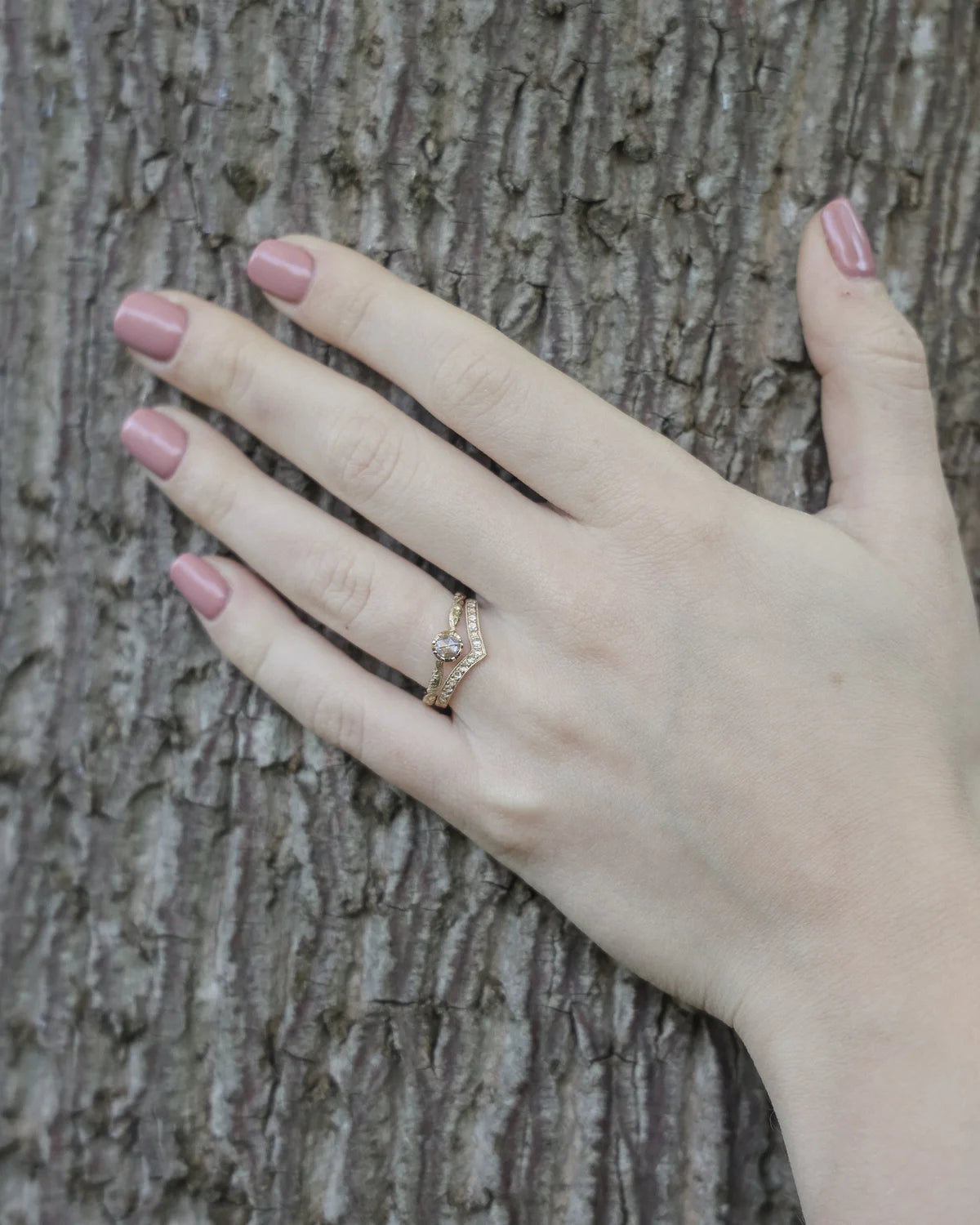 Rose-Cut Diamond Wishbone Ring with Leaf Detail in 18ct Yellow Gold (2mm)