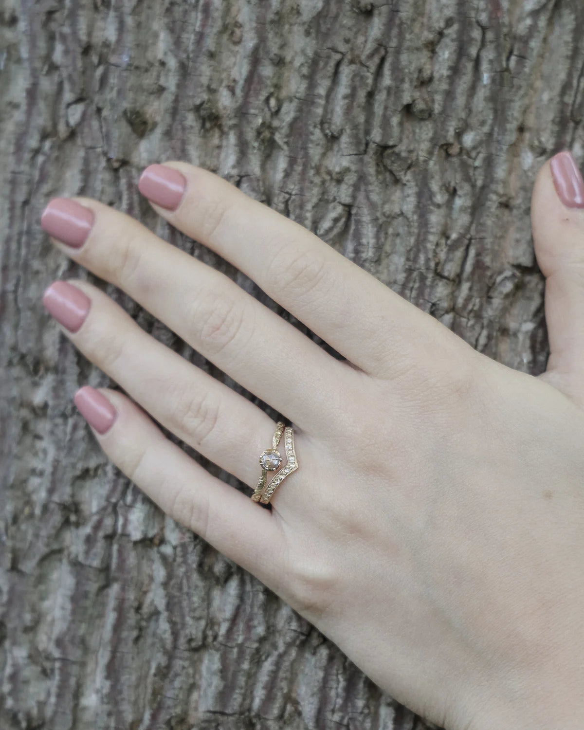 rose cut diamond ring worn on hand 18ct gold floral band