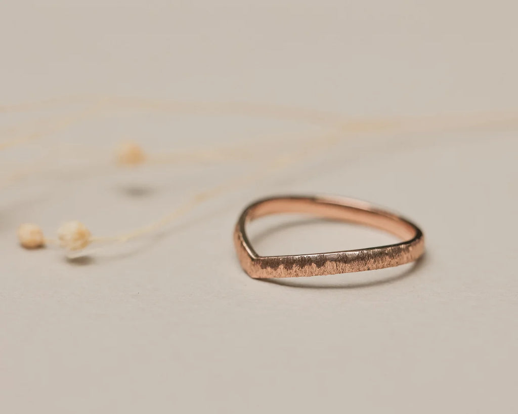 Minimal rose gold horn texture wishbone ring with dried flower styling