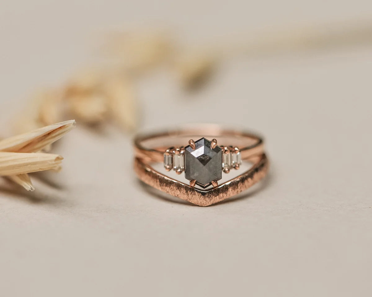 Horn texture wishbone ring stacked with rose-cut diamond engagement ring