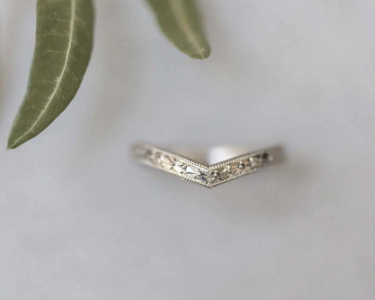 orange blossom engraved wishbone wedding ring 18ct white gold 2.5mm milled edge