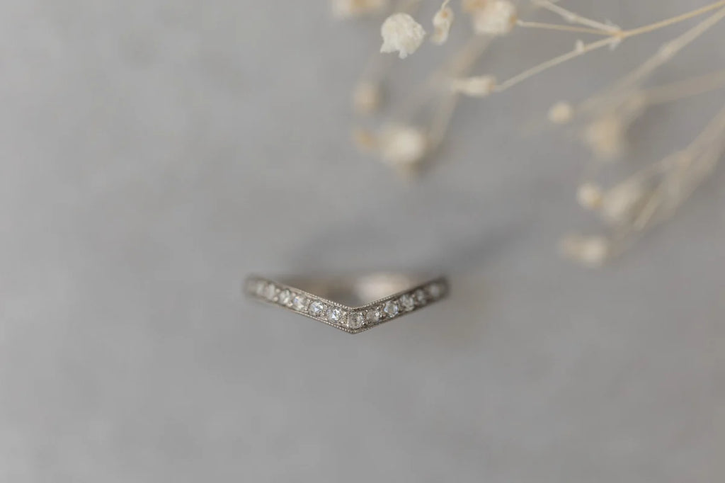 rose cut diamond wishbone ring leaf detail platinum 2mm millgrain handmade