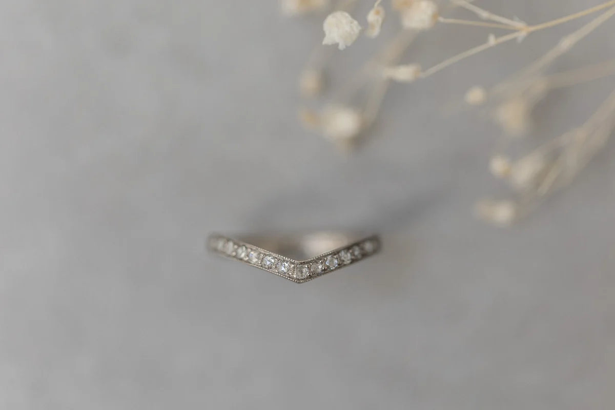 rose cut diamond wishbone ring leaf detail platinum 2mm millgrain handmade