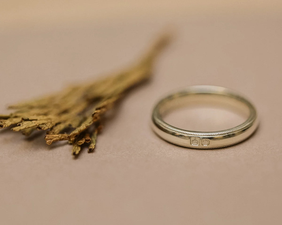 9ct white gold court wedding ring styled with dried botanical detail